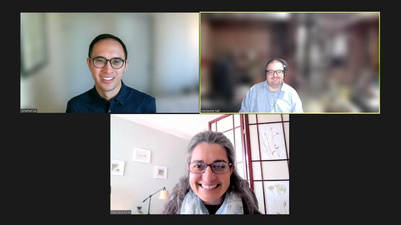 Research collaborators Drs. Jonathan Lai, Mackenzie Salt, and Stephanie Ehret from Trent University meet on Zoom